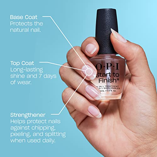 OPI Start to Finish, 3-in-1 Treatment, Base Coat, Top Coat, Nail Strengthener, Vitamin A and E, Vegan Formula, Long Lasting Shine, Up to 7 Days of Wear as Top Coat, Clear, 15ml