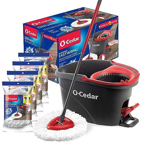 O-Cedar Easywring Microfiber Spin Mop & Bucket Floor Cleaning System with 4 Extra Refills,Red, Gray