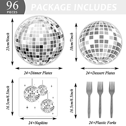 96 Pieces 70's Disco Party Tableware Set 70s Disco Birthday Party Supplies Silver Disco Ball Party Paper Plates Cocktail Napkins Forks for 24 Guests 80s 90s Dance Hip Hop Baby Shower Party Decorations