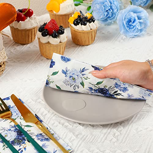 200 Pack Navy Blue Floral Napkins Disposable Hand Towels Blue and White Floral Napkins Disposable Paper Guest Napkins Decorative Paper Towels for Bathroom Wedding Birthday Baby Shower