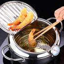 KIDYBELL Deep Fryer Pan 304 Stainless Steel Tempura Frying Pot Japanese Style Fryer With Thermometer，Lid and Oil Drip Rack(24cm/9.4inch)