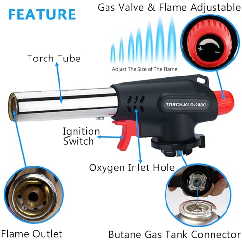Butane Blow Torch, Professional Kitchen Torch Kitchen Blow Lighter with Adjustable Flame, 360° Reverse Use for Creme Brulee Sushi Searing Baking Cooking BBQ Camping Welding (Butane Gas Not Included)