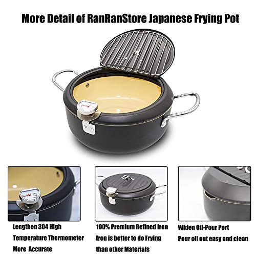 Cyrder Japanese Deep Fryer Pot with Fahrenheit Thermometer 3.5L- High Temperature-Resisting Nonstick Coating, Fried Tempura/Chicken/Fish/Shrimp/Meat Ball, Easy Cleanup, Black 10.2inch Deep Frying Pot