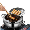 Deep Fryer Pot, Japanese Tempura Small Deep Fryer Stainless Steel Frying Pot With Thermometer,Lid And Oil Drip Drainer Rack for French Fries Shrimp Chicken Wings and Shrimp (20cm/7.9inch)