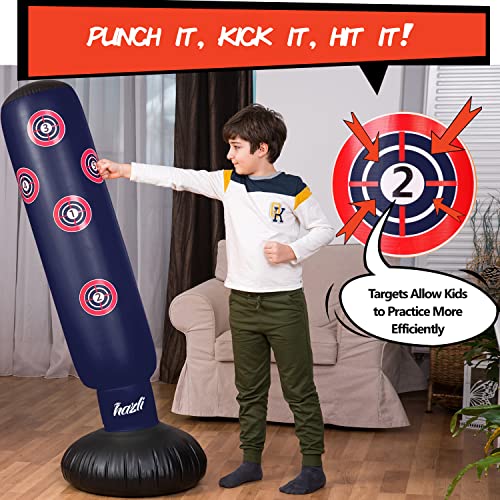 Hazli Inflatable Kids Punching Bag with Stand – Free Standing Boxing Bag for Karate, Taekwondo with Bounce Back– 63’’ Punching Bag with Stand – Freestanding Sport Bag with Air Pump (Navy)