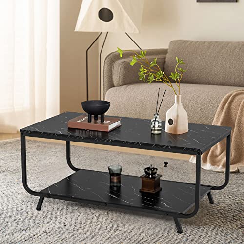 Giantex Marble Coffee Table, 2-Tier Faux Marble Top Coffee Table w/Metal Frame, Rectangular Living Room Table w/Storage Shelf, Sofa Side Table, Accent Table for Living Room, Office, Balcony (Black)