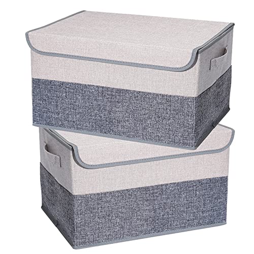 2 Pack Foldable Storage Cube Bins Boxes with Lids and Handles Baskets Linen Organizers Stackable Box Clothing for Laundry Nursery Closet Toys Shelves Clothes Bag Container 29L, TOJUNE (Gray + Beige)