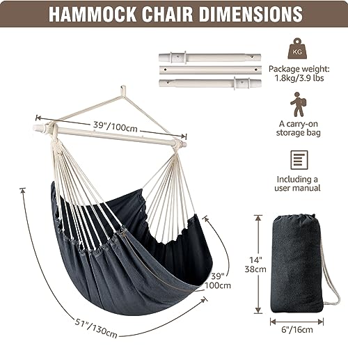 Chihee Hammock Chair Swing Chair Strong Metal Collapsible Spreader Bar Portable Hanging Chair Max 500 lbs Comfy Seat Patio Lawn Chair Cotton Blended for Superior Comfort Durability Indoor Outdoor