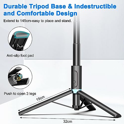 Apsung Selfie Stick Tripod 145cm, All-in-one Compact Aluminum Cell Phone Selfie Stick with Remote, Extendable Tripods with Dual Cold Shoe Mount for iPhone and Android Devices