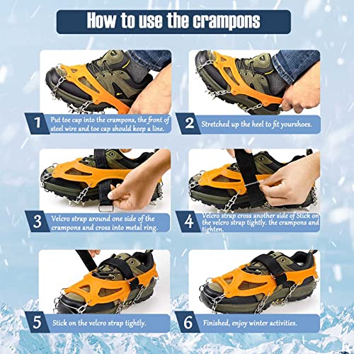 Crampons Ice Cleats Traction Snow Grips for Boots Shoes Women Men Kids Anti Slip 19 Spikes Stainless Steel Microspikes for Hiking Fishing Walking Climbing Mountaineering (M/L/XL) (Orange, XL)