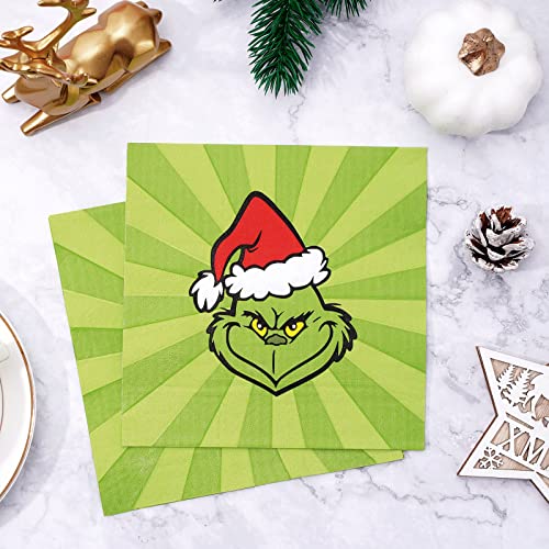 Whaline 80 Pack Christmas Paper Napkins 6.5 Inch Cute Red Green Disposable Napkins Xmas Cartoon Character Merry Christmas Dinner Table Napkins for Christmas Winter Holiday Birthday Party Supplies