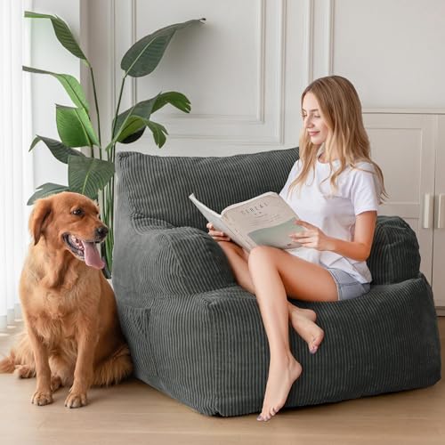 MAXYOYO Giant Bean Bag Chair, Stuffed Bean Bag Couch with Filler Large Living Room Bean Bag Chair for Adults, Big Lazy Sofa Accent Chair with Pocket Floor Chair for Gaming, Reading, Dark Grey