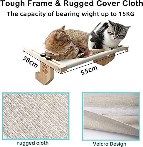 Cat Window Perch Cat Hammock Cat bed with Wood Frame for Large Cats, Easy to Adjust and Assemble Cat Bed for Windowsill, Bedside, Drawer and Cabinet, for Sunbathing, Napping & Overlooking.Comes with Warm Spacious Pet Bed(L-White Plush)