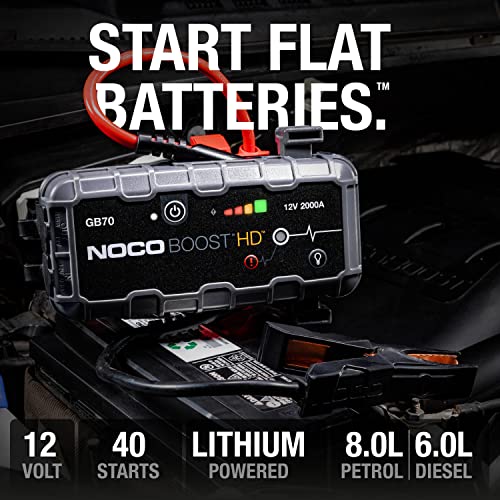 NOCO Boost HD GB70 2000A 12V UltraSafe Lithium Jump Starter Box, Car Battery Booster, Jump Start Pack, Portable Power Bank Charger, and Jumper Cable Leads for up to 8L Petrol and 6L Diesel Engines