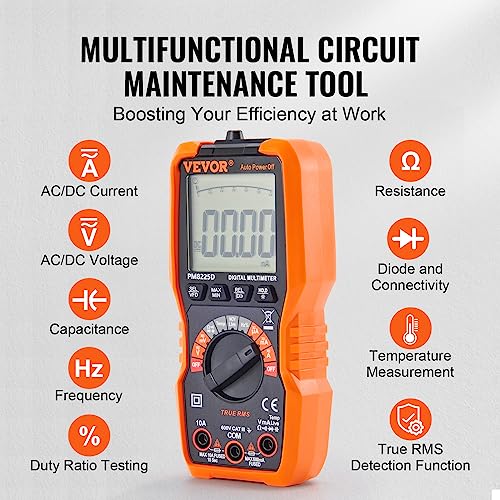 VEVOR Digital Multimeter, 6000 Counts, Multimeter Tester DC AC Voltmeter NCV, Ohm Volt Amp Tester, for Voltage Current Resistance Capacitance Continuity Diode Temperature Duty Ratio Frequency TRMS