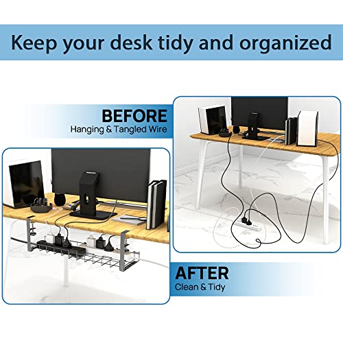 Under Desk Cable Management,12.8"-21.8" Retractable Cable Tray for Wire Management, No Drilling Cord Organizer Tray, Sturdy Metal Cable Management with Clamp for Home Office Desk Cable Hider