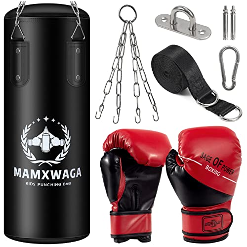 Mamxwaga Kids Punching Bag Set Unfillde, Hanging Boxing Bag Kickboxing Bag with Boxing Gloves, Kids Boxing Set for 3-10 Years, for Youth Karate Muay Thai Kick Taekwondo Training