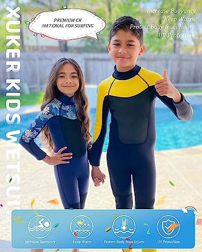 XUKER Wetsuit Girls 3mm, Neoprene Wet Suits with Premium CR Chest and Back for Kids in Cold Water Full Body Dive Suit for Diving Snorkeling Surfing Swimming Canoeing (Girl 8)