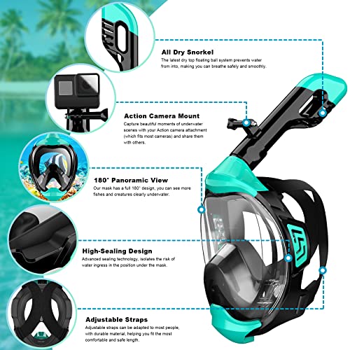Zeeporte Dive Full Face Snorkel Mask, Snorkeling Gear for Adults Kids with Latest Dry Top Breathing System and Detachable Camera Mount, Foldable Mask with 180 Degree Panoramic View, Anti Leak&Fog