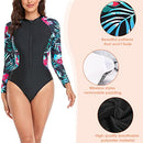 AUTOWT Women's One Piece Swimsuits, Rash Guard Long Sleeves Zipper Bathing Suit, Sport Surfing Swimwear for Women (Pink Flowers and Green Leaves, Black and White Leaves, Blue Leaves)