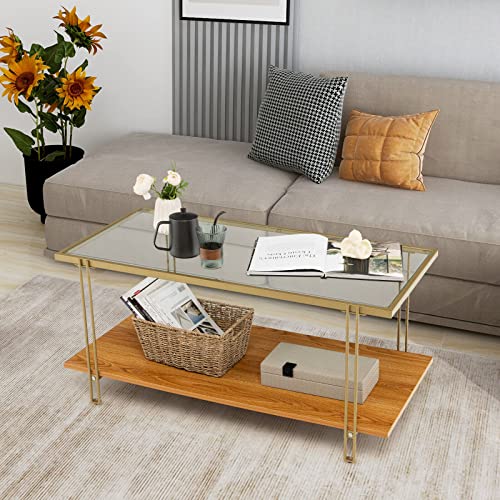 Giantex Rectangular Coffee Table, Modern Central Table w/Storage Shelf, Sturdy Metal Frame, Tempered Glass Coffee Table for Living Room, Reception Room, Gold