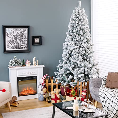 Costway 2.3m Snow Flocked Artificial Christmas Tree W/ 1010 Tips, Foldable Metal Stand, Unlit Hinged Xmas Tree, Easy Assembly, Lush Xmas Tree, Holiday Festival Decor for Office, Home, Store, Party