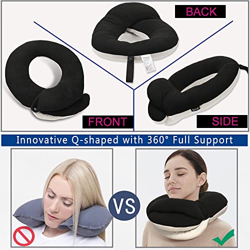 BUYUE Travel Neck Pillows for Airplanes, 360° Head Support Sleeping Essentials for Long Flight, Skin-Friendly & Breathable, Kit with 3D Contoured Eye Mask, Earplugs and Storage Bag (Adult, Black)