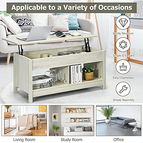 Giantex Lift Up Top Coffee Table, Wood Living Room Table w/ Hidden Storage Shelf & Open Compartment, Modern Console Table Rectangular Cocktail Tea Table for Living Room Office Reception Room (Rustic Ivory)