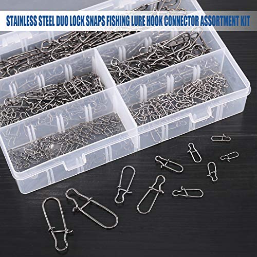 Glarks 250Pcs #1#2#4#6#8 Strong Stainless Steel Duo Lock Snaps Nice Swivel Slid Rings Fishing Lure Hook Connector Freshwater Saltwater Fishing Gear Accessories Assortment Kit - Test: 40LB-220LB