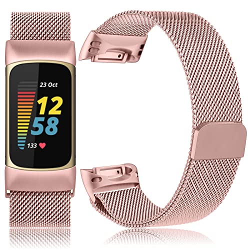 Meliya Metal Band Compatible with Fitbit Charge 5 Bands for Women Men, Stainless Steel Mesh Loop Adjustable Magnetic Wristband Strap Replacement for Fitbit Charge 5 Advanced Fitness & Health Tracker (Rose Pink)