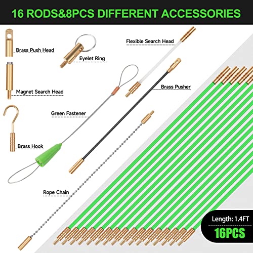 FTIHTRY 22FT Fiberglass Running Electrical Wire Cable Glow Rods Wire Pulling, Fish Rods Electrical Kit with 8 Different Attachments and Fish Tape Wire Puller Kit Green 002