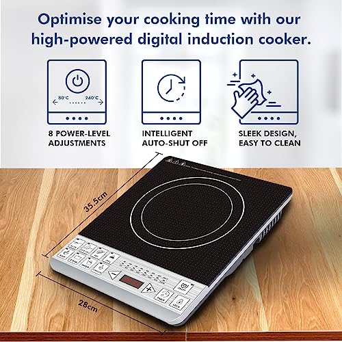 Healthy Choice 2000W Induction Cooktop Stove - Powerful Electric Single Burner Induction Cooker with Sensor Touch - Large Digital Display, 8 Power Level & Adjustable Temperature - Ideal for Cooking, Frying, Roasting, Searing, Sautéing - Black