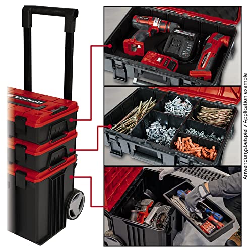 Einhell E-Case Tower Tool Storage System - 3 Stackable Cases with Wheels and Telescopic Handle - Power Tool Box, Lockable, Protective Storage and Transport of Tools and Accessories