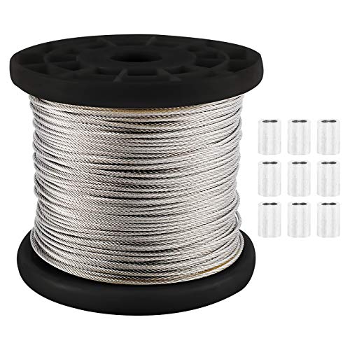 Patioer 1/16" Wire Rope, 304 Stainless Steel Wire Cable, 328ft Length Aircraft Cable, 7x7 Strand Core, 368 lbs Breaking Strength with 100 Pcs Cable Ferrule