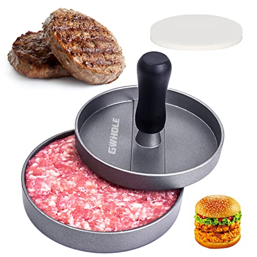 GWHOLE Burger Press with 100PCS Wax Papers Set Non-Stick Patty Maker Hamburger Press Mold Aluminum for BBQ Grill