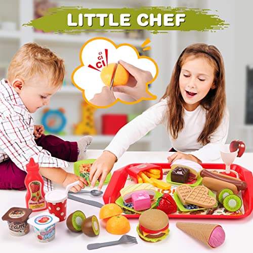 REMOKING Children Pretend Role Play Toys, Educational Food Toys for Toddler Girl Boy, Kids Preschool Learning Toys, Kitchen Toy, Hamburger, Hotdog, Cutting Fruit, Ice Cream Food Set