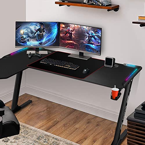 Luxsuite L Shaped Gaming Desk with Led Light Computer Racer Table Desktop Carbon Fiber 140CM Black