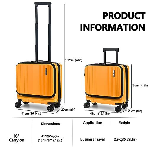 TydeCkare 16" Carry on Luggage with 2 Laptop Compartments, Lightweight Hardshell ABS+PC Suitcase with Dual Control TSA Lock, YKK Zipper, 4 Spinner Silent Wheels, for Business Travel, Orange