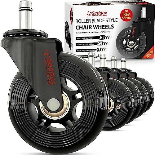 Professional Office Chair Wheels 10mm Stem - FIT IKEA Chairs ONLY - 3'' Replacement Rubber Chair Casters - Best Protection for Your Hardwood Floors Without Any Chair MATS