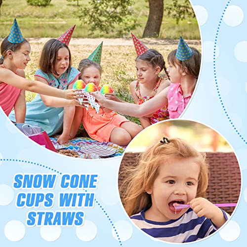 Disposable Snow Cone Cups and Spoon Straws Set Colored Polka Dot Leakproof Cone Paper Cups and Multicolor Fun Straws For Slush Shaved Ice Cream Sorbet Water (200 Set, 6 oz)