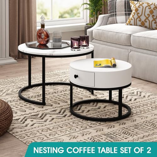 Luxsuite Round Nesting Coffee Table Set of 2 Bedside Stacking Faux Marble Look Accent Tables Soft Side Table Set with Drawer Living Room Furniture White