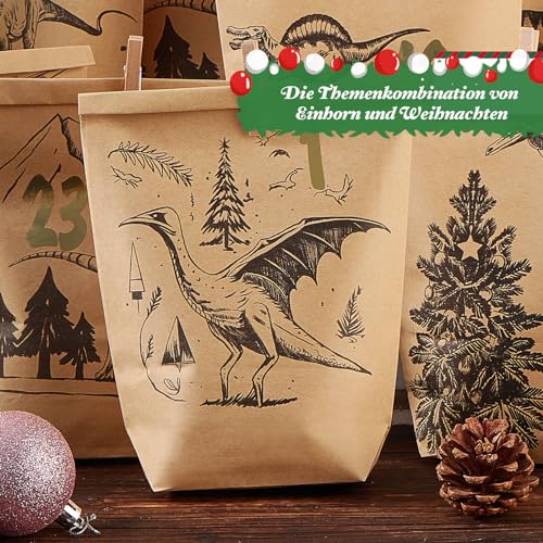 Advent Calendar for Filling - with 24 Brown Gift Bags and 24 Number Stickers - Dinosaur Motif Calendar - for Crafts - Christmas & Advent for Children Boys and Girls