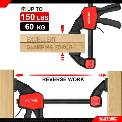HAUTMEC Bar Clamps for Woodworking,One Handed Quick Grip Clamp/Spreader,12-Inch (2) and 6-Inch (4) wood clamps set with 150 Lbs Load Limit, for Woodworking and DIY HT0290-CL