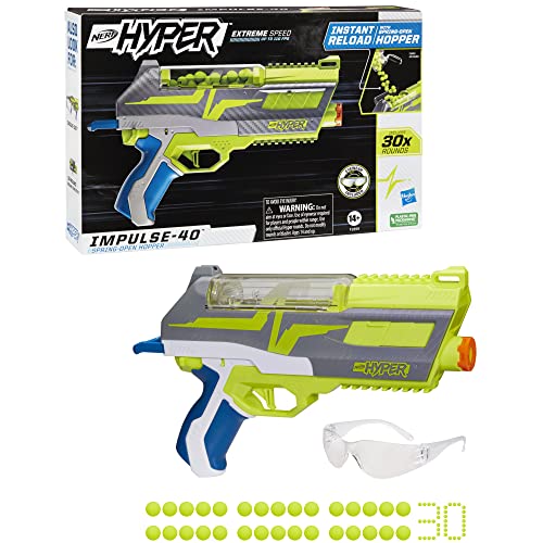 Nerf Hyper Impulse-40 Blaster, 30 Nerf Hyper Rounds, Spring-Open Instant Reload Hopper, Up to 110 FPS Velocity, Eyewear Included