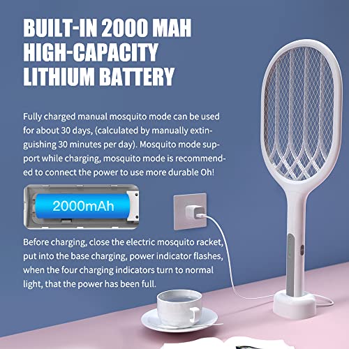 Life'bea Electric Fly Swatter Racket, Mosiller 2 in 1 Smart Bug Zapper with USB Rechargeable Base, 2000 mah,Powerful Mosquitoes Trap Lamp & Fly Killer for Home, Bedroom, Patio