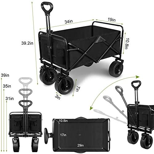 Collapsible Wagon Cart, Portable Heavy Duty Large Capacity Outdoor Garden Wagon with Big All-Terrain Wheels and Drink Holders, Beach Wagon Stroller for Garden Camping Fishing Sports Shopping