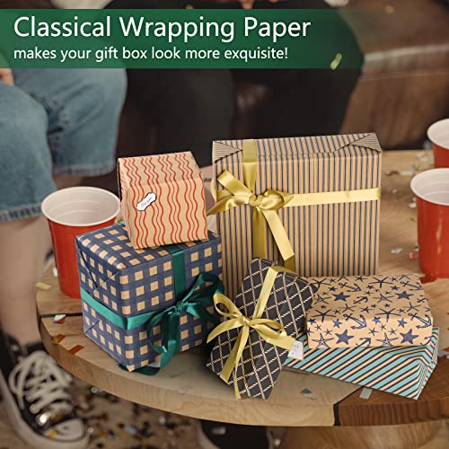 Hianjoo 6 Sheets Gift Wrapping Paper, 70∗50cm Gift Wrapping Papers Craft with 1 Sheets Gift Stickers 1 Double-side Tape and 4 Ribbons for Decoration Party DIY Craft (70 * 50cm), Plaid