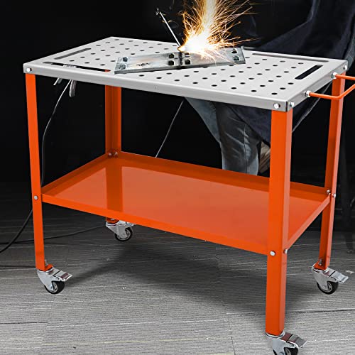 VEVOR 96 x 42 cm Welding Table, 544kg Load Capacity Steel Welding Workbench Table on Wheels, Portable Work Bench with Braking Lockable Casters, 4 Tool Slots, 5/8-inch Fixture Holes, Tool Tray