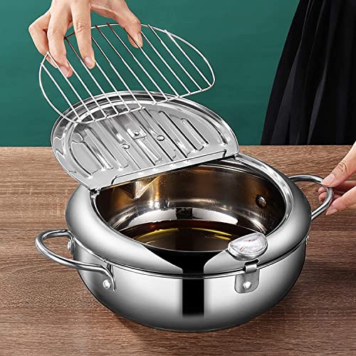 Deep Fryer Pot, Japanese Tempura Small Deep Fryer Stainless Steel Frying Pot With Thermometer,Lid And Oil Drip Drainer Rack for French Fries Shrimp Chicken Wings and Shrimp (20cm/7.9inch)