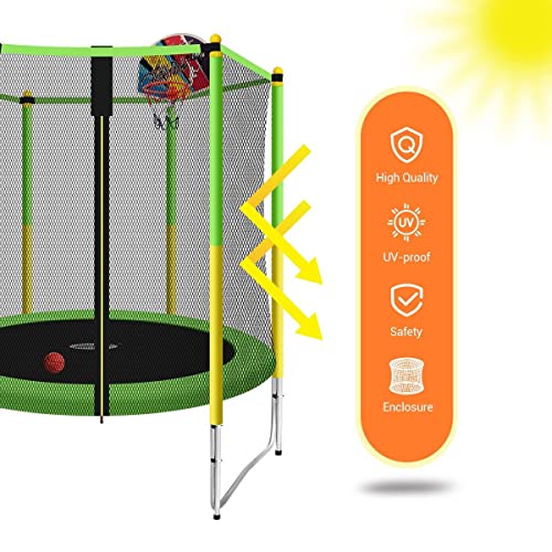 Genki 60 Inch Kids Round Trampoline with Safety Enclosure & Basketball Hoop Outdoor Jumping Toy Gift